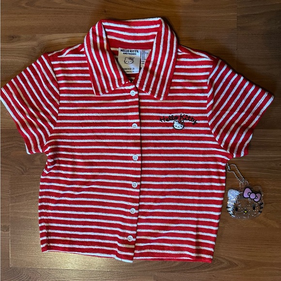 Forever 21 Tops - Forever 21 Red and White Striped Hello Kitty Button Down Shirt